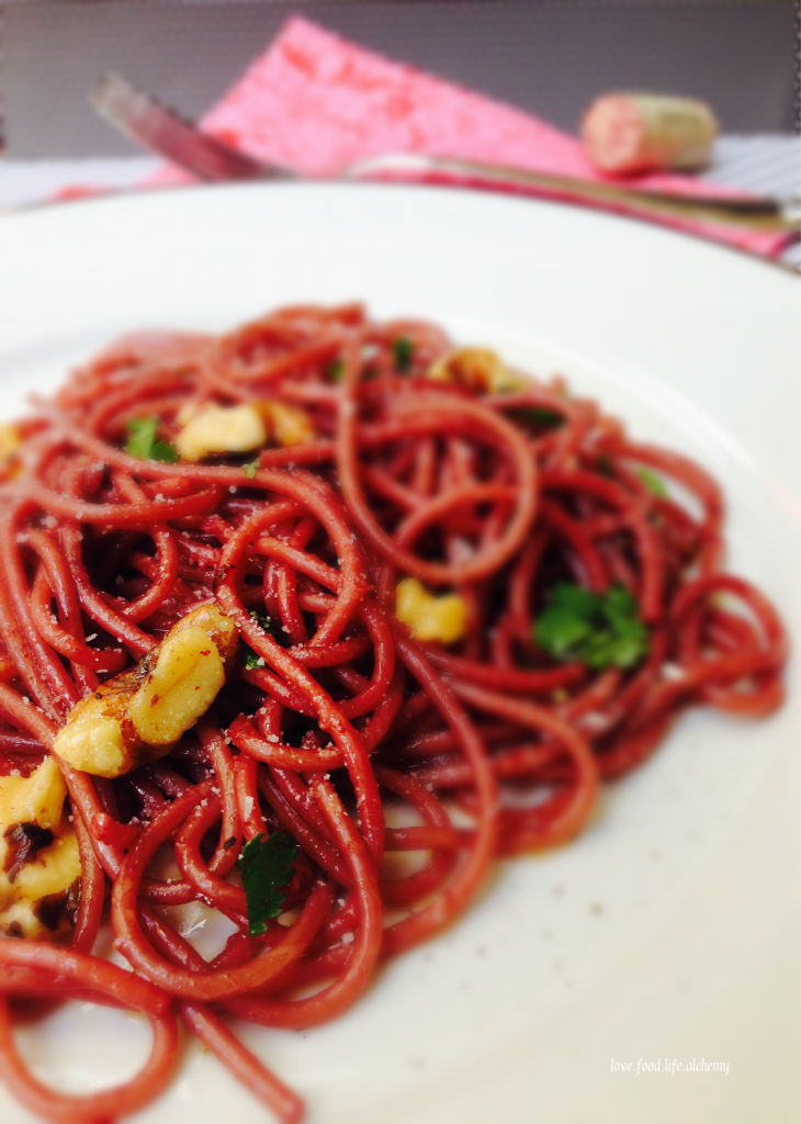 Valentine’s Day Red Wine Spaghetti with Walnuts and Parmigiano-Reggiano